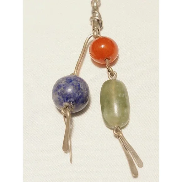 Vintage Sterling Silver Modernist Brutalist Beaded Stone Abstract Necklace 24in
